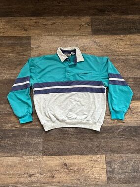 VTG 80s Collared Sweatshirt Knightbridge Block Striped Mens Large Long Sleeve